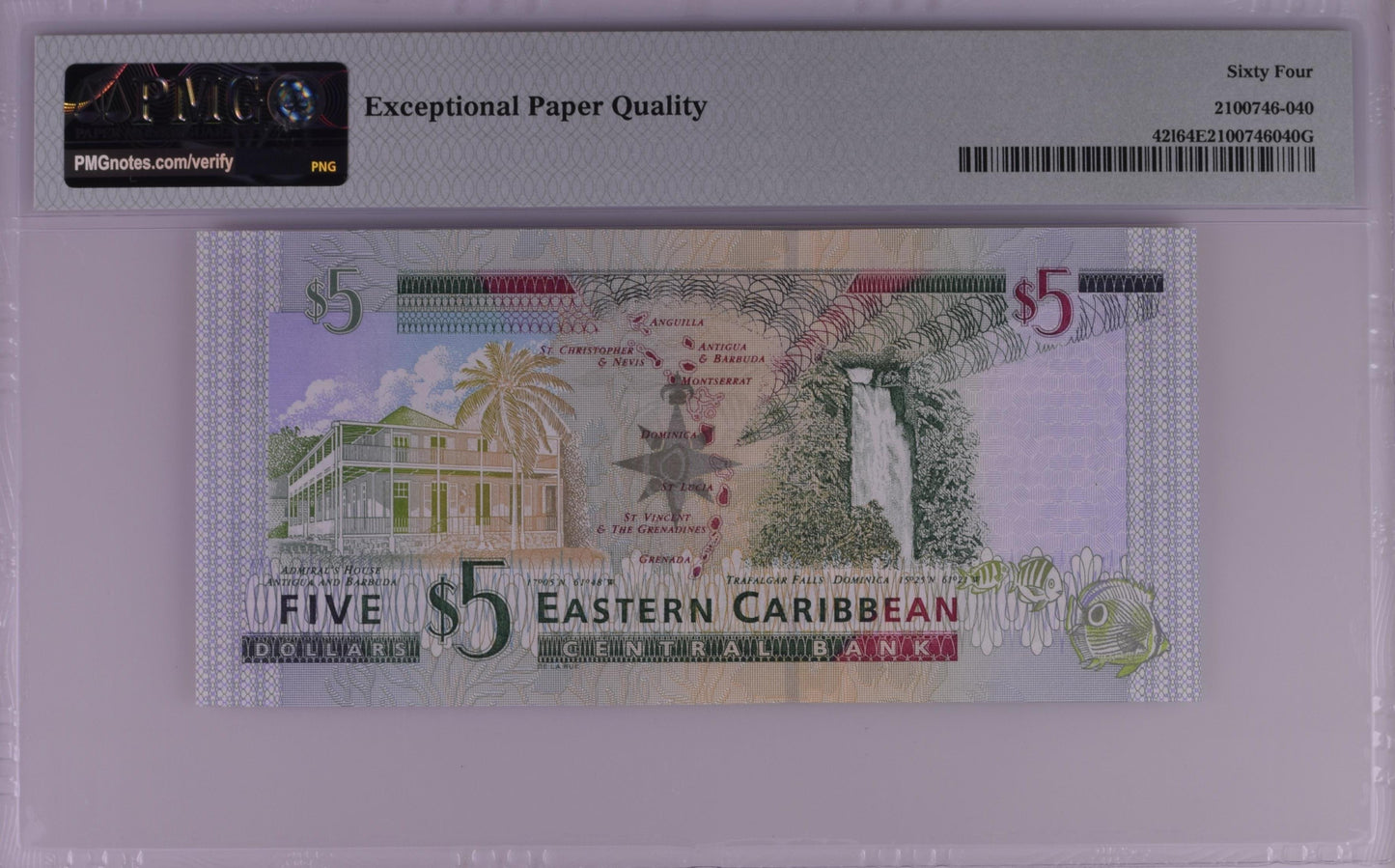 East Caribbean States / St. Lucia ND (2003) P-42l PMG Choice UNC 64 EPQ 5 Dollars
