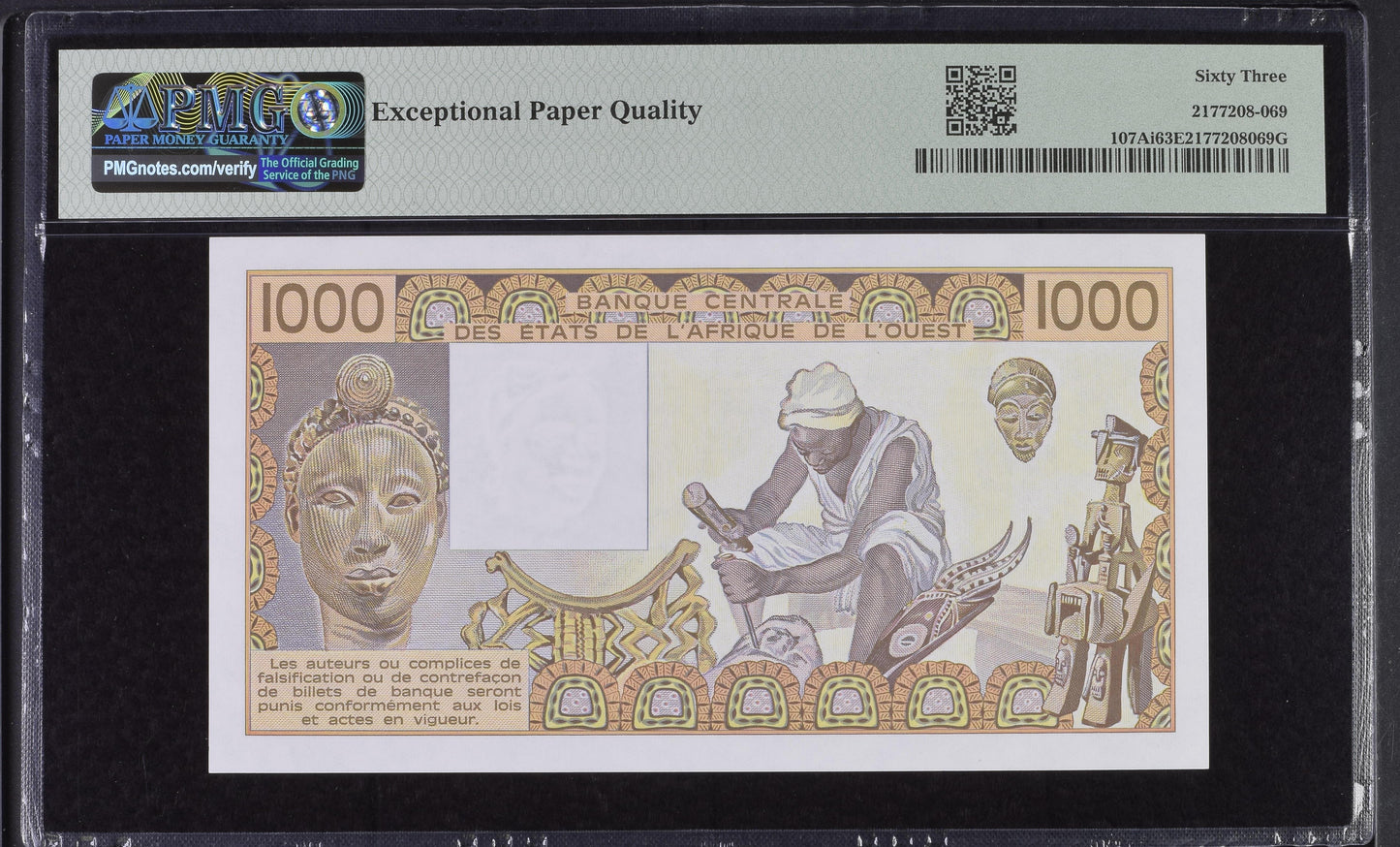 West African States / Ivory Coast 1989 P-107Ai PMG Choice UNC 63 EPQ 1000 Francs