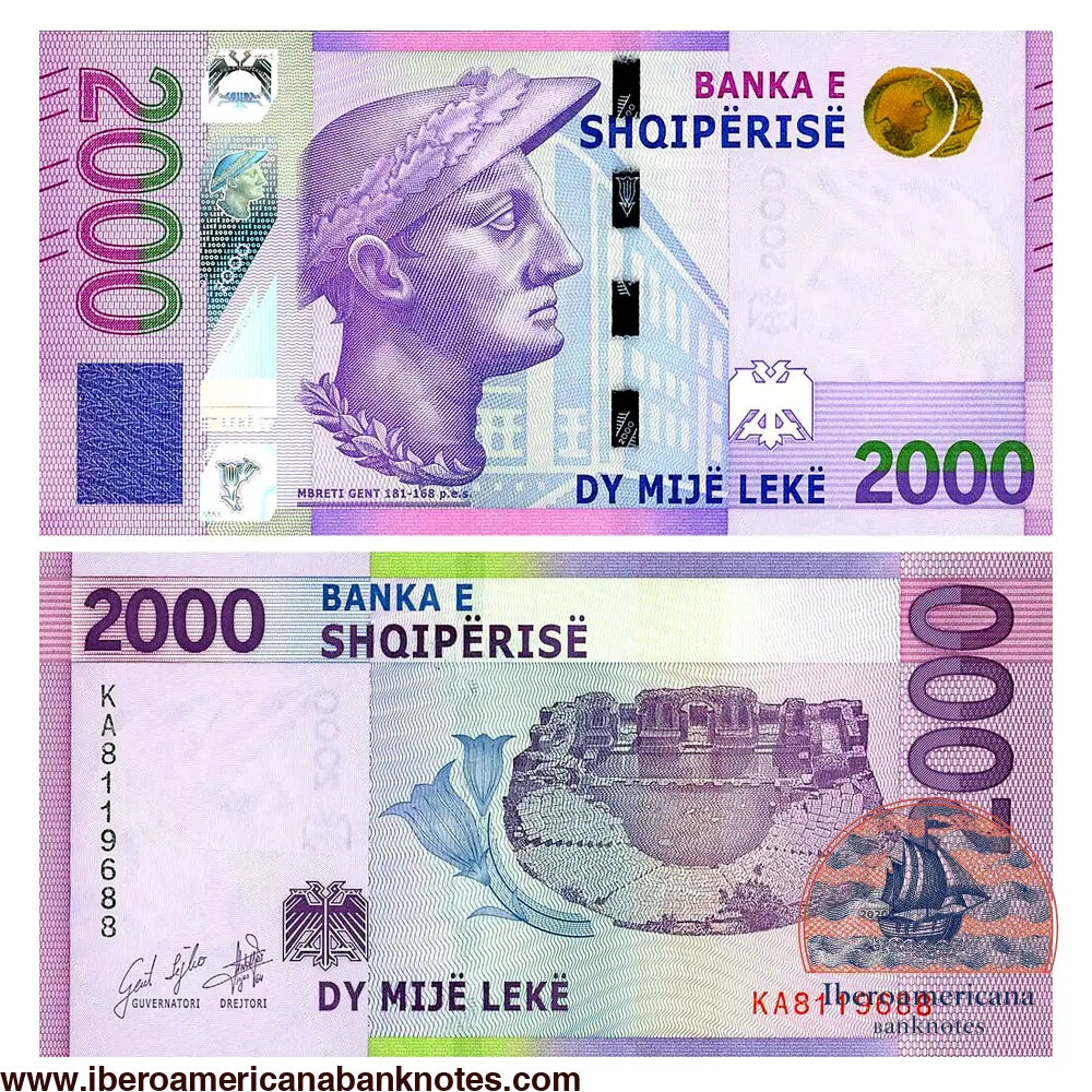 Billete de Albania de 2000 leke de 2020, anverso con el busto del rey Gentio y reverso con el castillo de Rozafa, en tonos violeta y verde