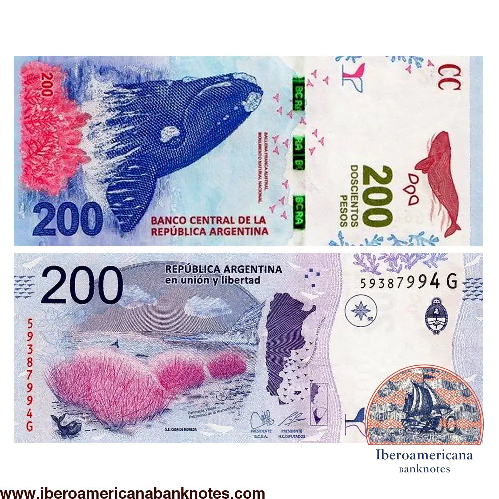 Billete de 200 pesos de Argentina de 2016, Pick 364a, sin circular. Anverso, de diseño vertical, con una ballena franca austral; reverso con un paisaje de la Península Valdés y el mapa de la Argentina. Firmas Pesce - Masa