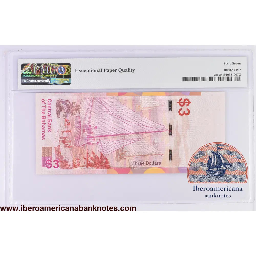 Bahamas 3 Dollars 2019,Elizabeth II P-78,PMG67EPQ