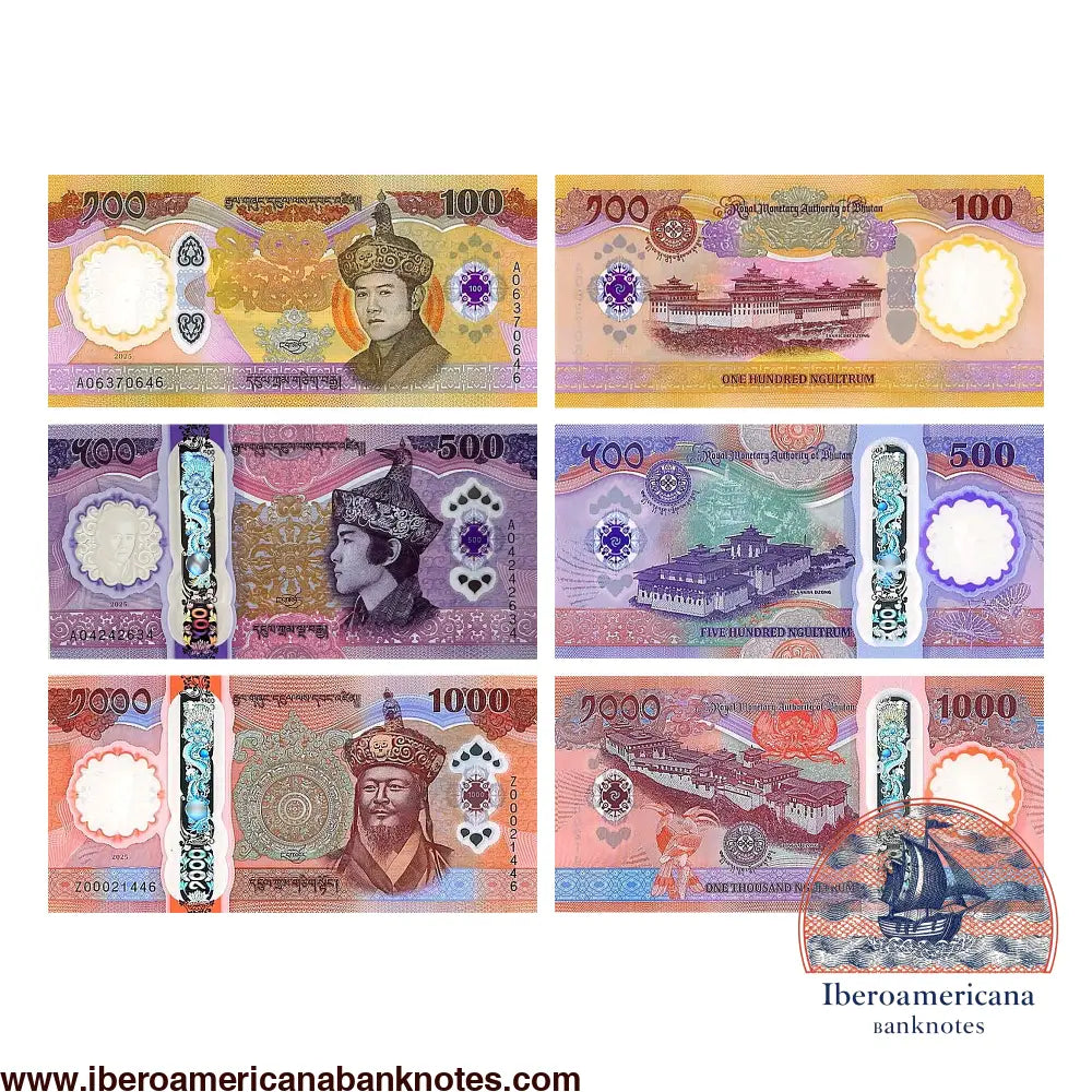 Set de billetes de 100, 500 y 1000 ngultrum de Bután de 2025, Pick 43, 44 y 45, sin circular. Anversos a la izquierda con los reyes Jigme Khesar Namgyel, Jigme Singye y Ugyen Wangchuck; reversos a la derecha con los dzongs de Tashichho, Punakha y Trongsa.