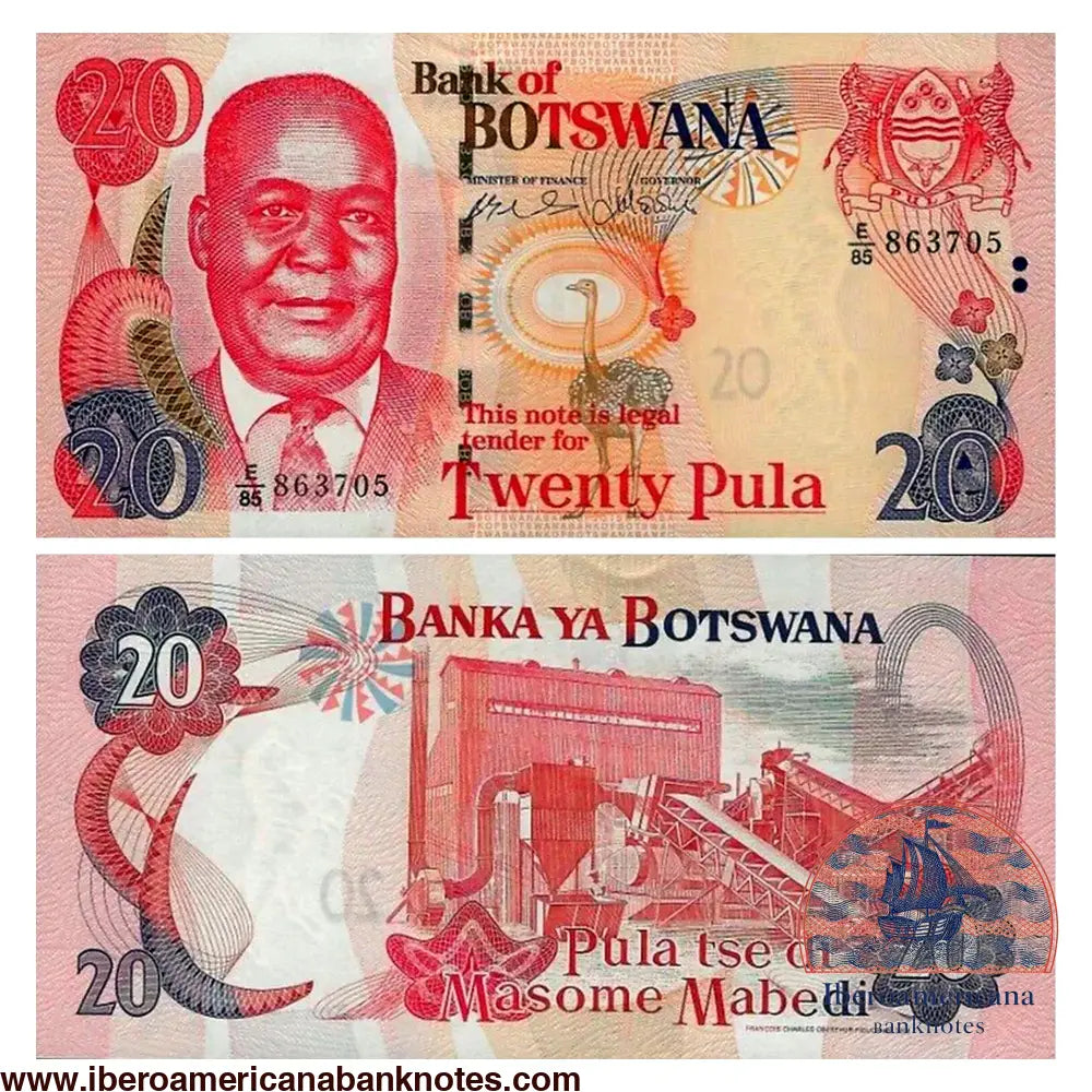 Billete de 20 pula de Botsuana de 2006, anverso con Festus Mogae y un avestruz, y reverso con una planta de procesamiento minero