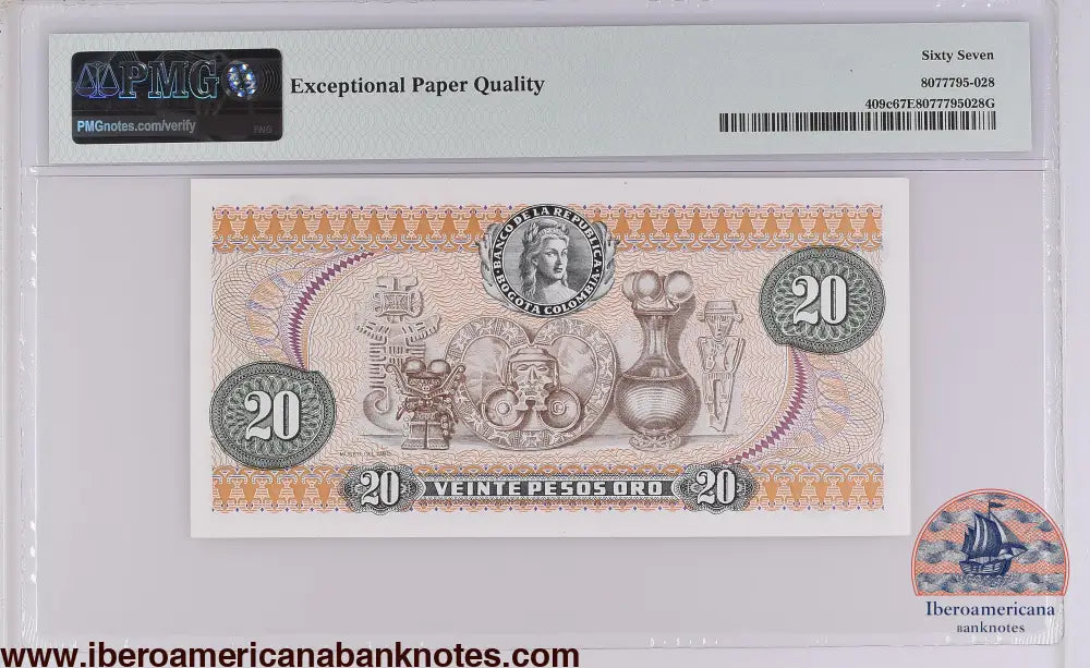 Colombia 20.7.1974 P-409c PMG Superb Gem UNC 67 EPQ 20 Pesos Oro