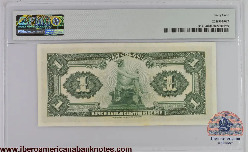 Costa Rica Banco Anglo-Costarricense 23.6.1917 P-S121r PMG Choice UNC 64 1 Colon