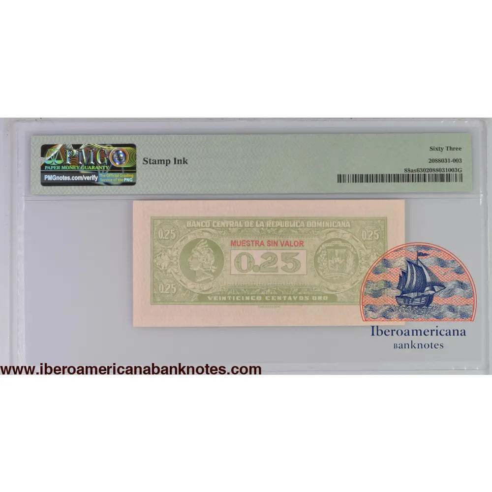 Dominican Republic ND (1961) P-88as PMG Choice UNC 63 25 Centavos Oro (Specimen)