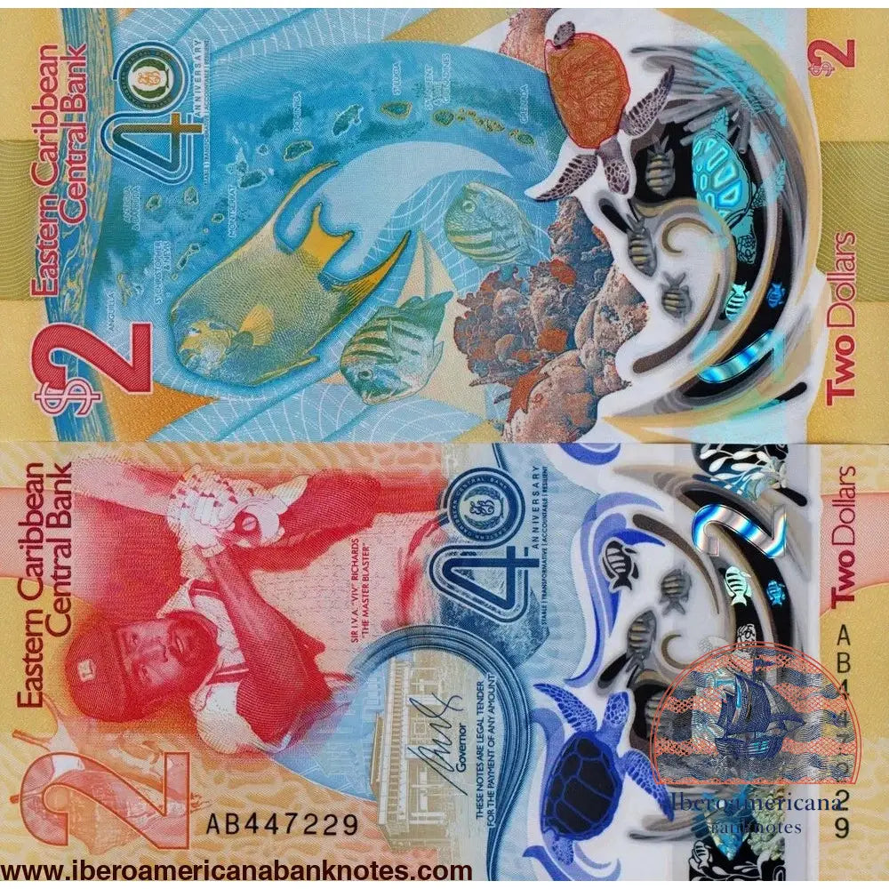 East Caribbean States 2 dollars 2023 2024 P61 polymer commemorative UNC | Iberoamericana Banknotes