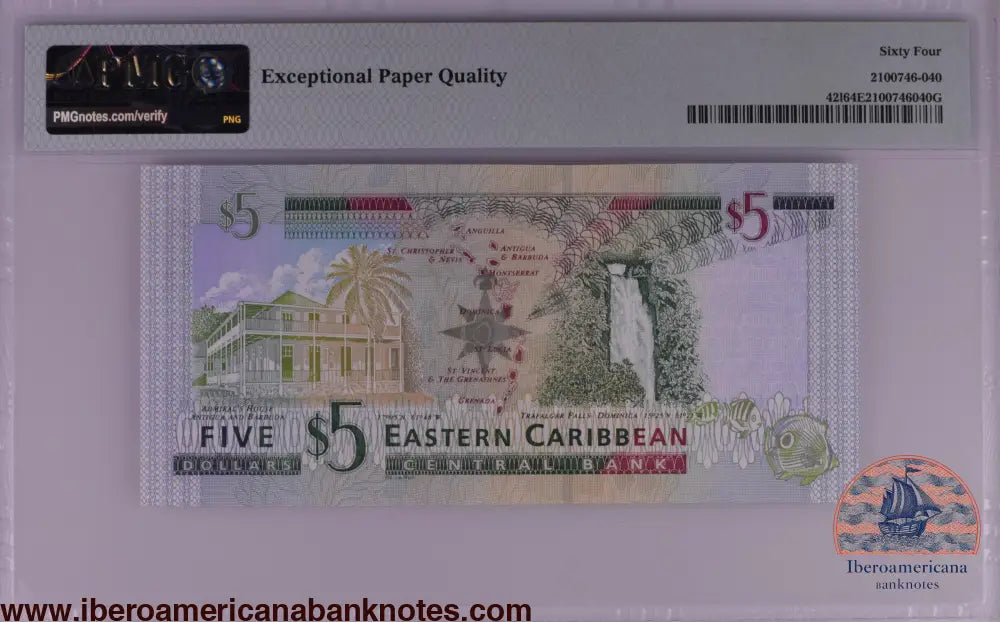 East Caribbean States / St. Lucia ND (2003) P-42l PMG Choice UNC 64 EPQ 5 Dollars