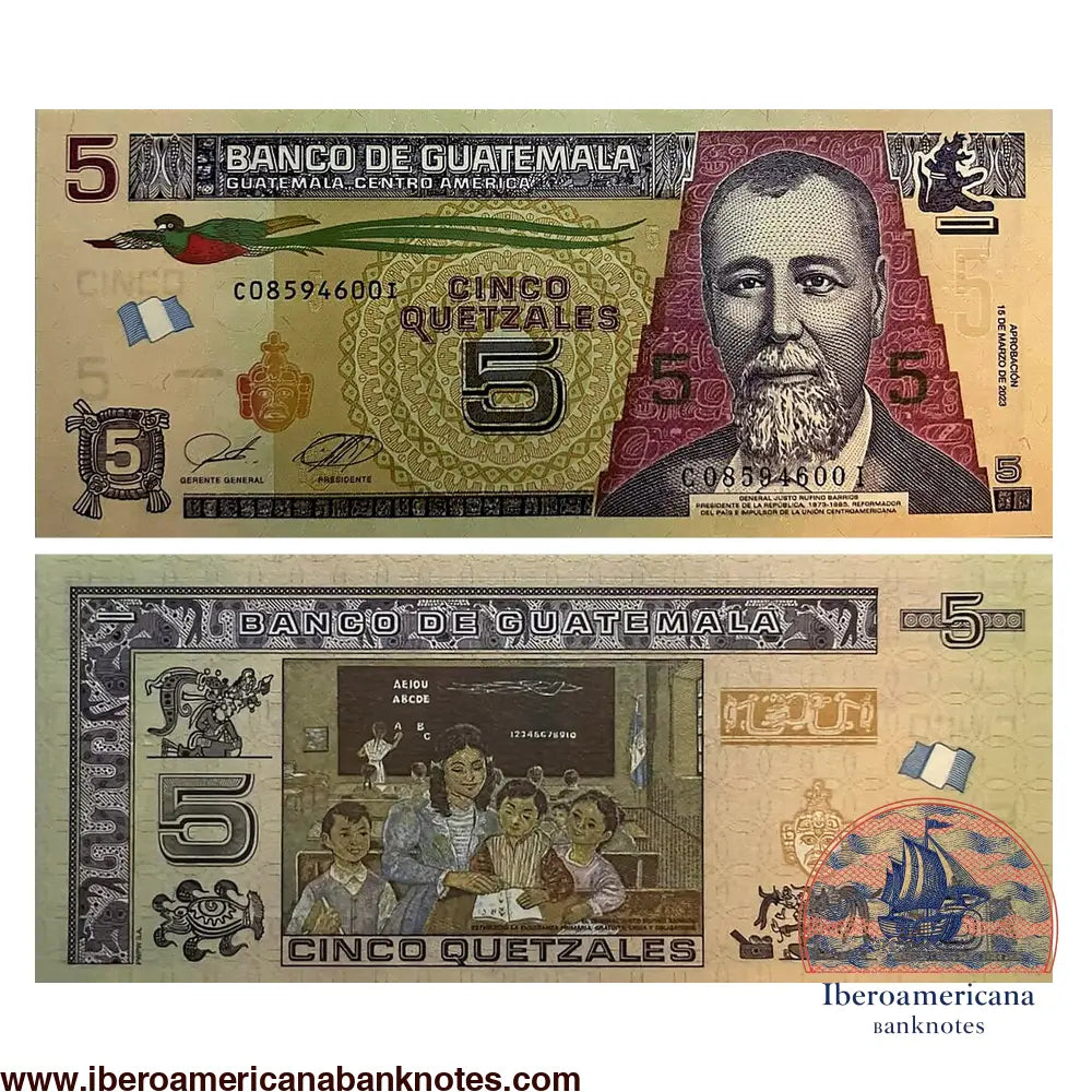 Billete de 5 quetzales de Guatemala de 2023, Pick 122A, sin circular. Anverso con el general Justo Rufino Barrios y un quetzal en vuelo; reverso con una maestra y sus alumnos en un aula.