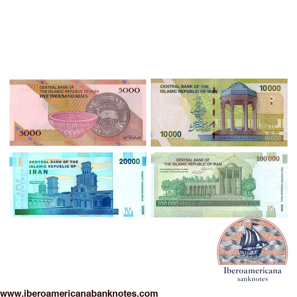 Set de 4 billetes de Irán 2010-2019, reversos: cerámica de Zabol, tumba de Hafez, captadores de viento de Abarkooh y tumba de Saadi en Shiraz