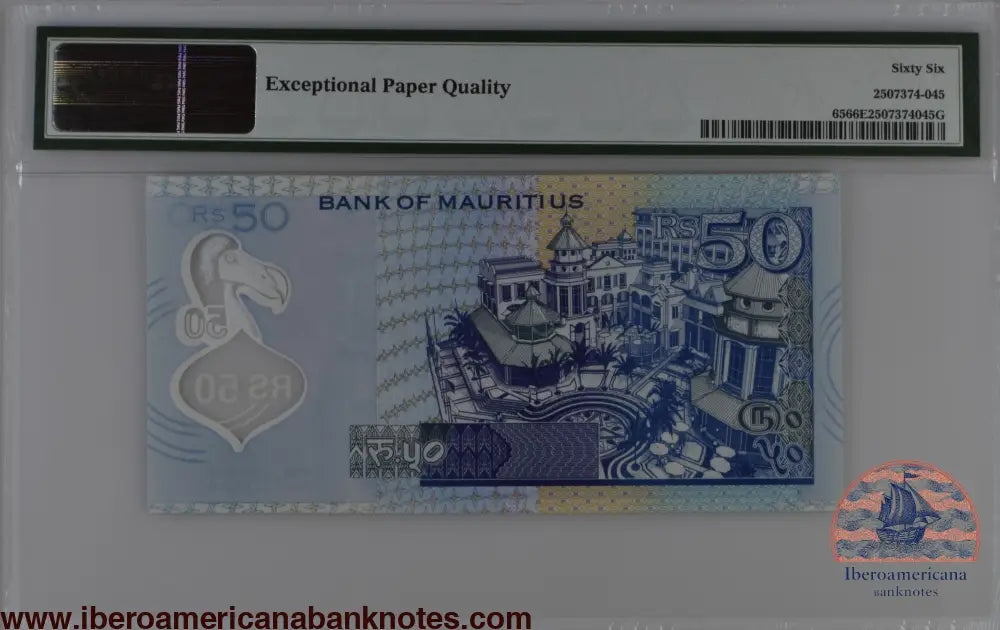 Mauritius 2013 P-65 PMG Gem UNC 66 EPQ 50 Rupees