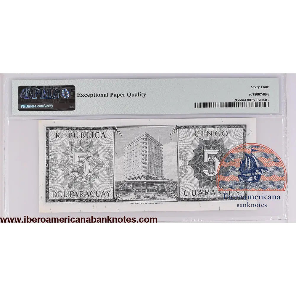 Paraguay 1952 (ND 1963) P-195b PMG Choice UNC 64 EPQ 5 Guaranies