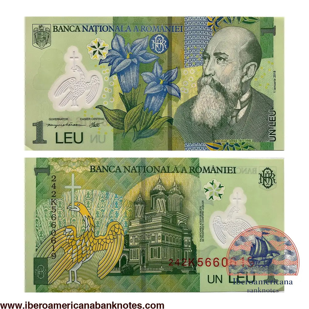 Billete de 1 leu de Rumanía de 2018/2024, en polímero, Pick 117p, sin circular. Anverso con el retrato del historiador Nicolae Iorga y una flor de genciana; reverso con la catedral de Curtea de Argeș y el águila que corona el escudo histórico de Valaquia.