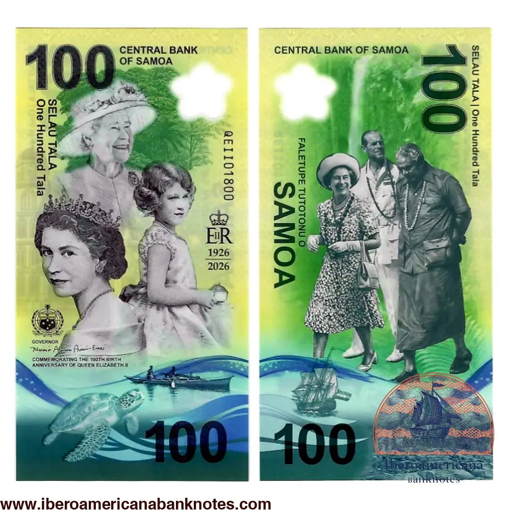 Billete de 100 tala de Samoa de 2026 en polimero, conmemorativo del centenario del nacimiento de Isabel II. Anverso vertical con dos retratos de la reina y el monograma EIIR 1926-2026. Reverso con la reina, el duque de Edimburgo y el jefe de Estado de Samoa.