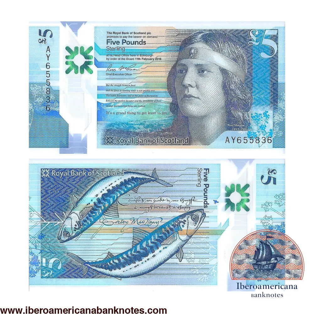 Billete de 5 libras de Escocia de 2016, Pick 370, sin circular. Anverso con la escritora Nan Shepherd sobre un paisaje de montaña; reverso con dos caballas y versos manuscritos de Sorley MacLean.