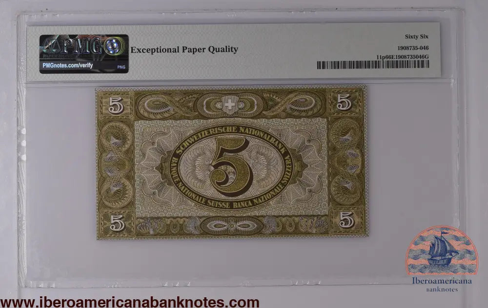 SWITZERLAND 5 Franken 1952 Pick 11 p PMG 66 EPQ