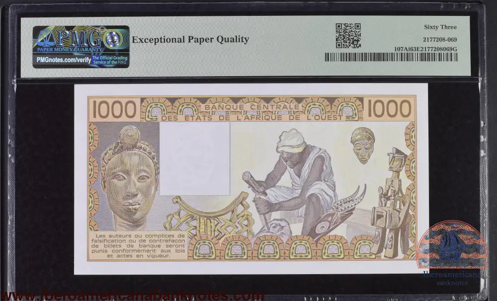 West African States / Ivory Coast 1989 P-107Ai PMG Choice UNC 63 EPQ 1000 Francs