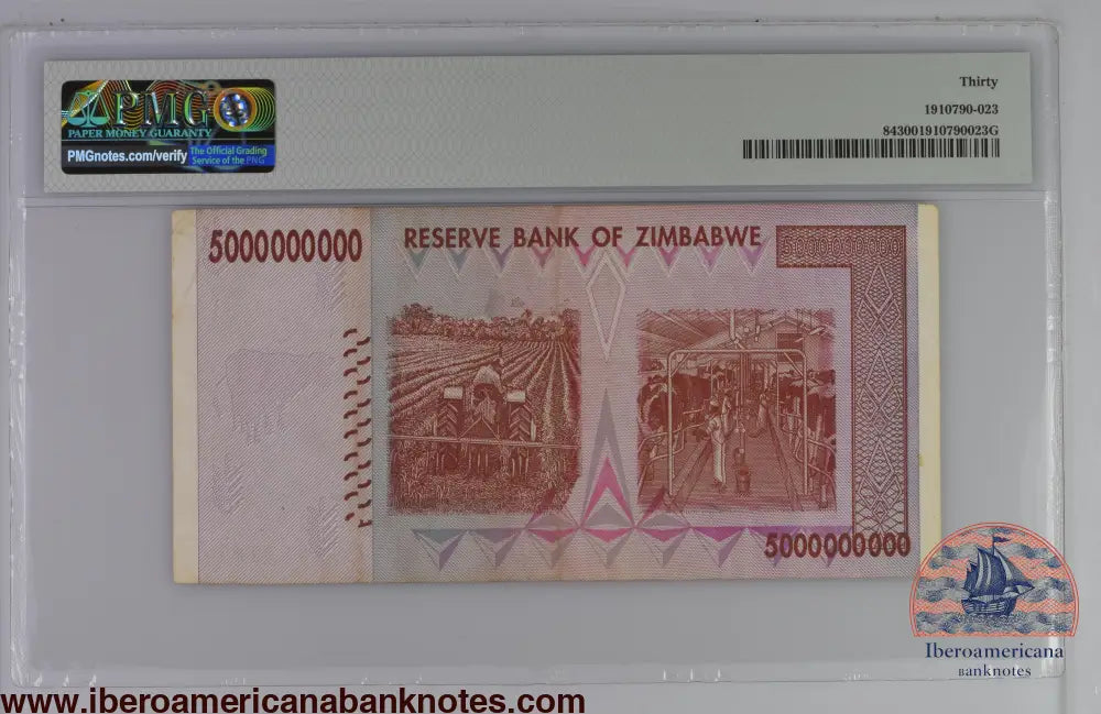 Zimbabwe 5 Billion Dollars 2008 P-84 Error PMG 30