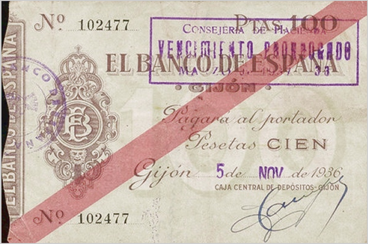 Billete de 100 Pesetas - Banco de España, Sucursal de Gijón (5 de noviembre de 1936)