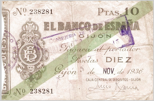 Billete de 10 Pesetas - Banco de España, Sucursal de Gijón (5 de noviembre de 1936)