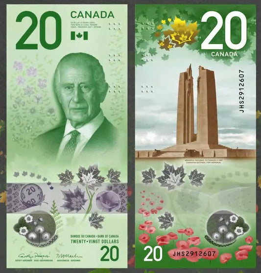 El Nuevo Billete de 20 Dólares de Canadá 2026 con el Rey Carlos III. Iberoamericana Banknotes