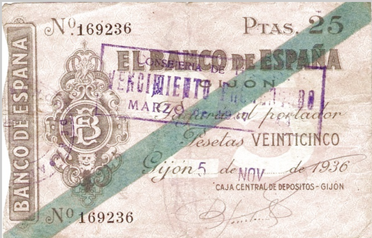 Billete de 25 Pesetas - Banco de España, Sucursal de Gijón (5 de noviembre de 1936)