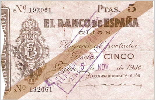 Billete de 5 Pesetas - Banco de España, Sucursal de Gijón (5 de noviembre de 1936)