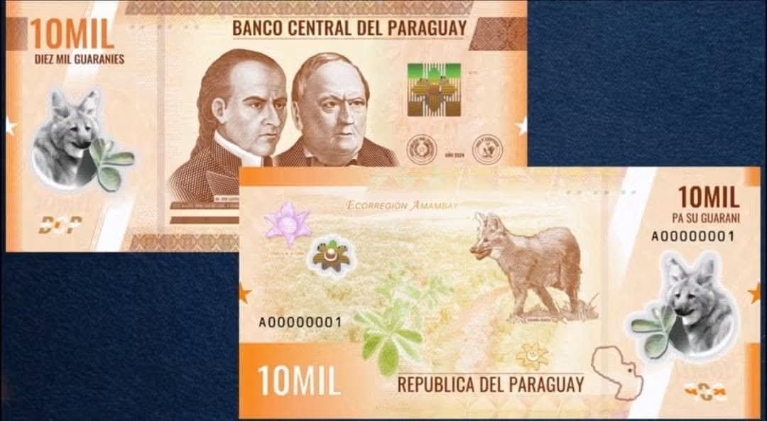 Nuevo billete de 10.000 guaraníes de Paraguay 2026, el primero de su valor en polímero: anverso con José Gaspar Rodríguez de Francia y Carlos Antonio López, reverso con el aguará guasú de la Ecorregión Amambay