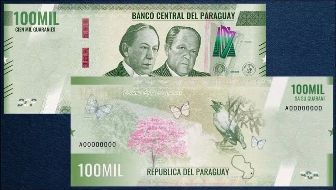 Nuevo billete de 100.000 guaraníes de Paraguay 2026: anverso con Agustín Pío Barrios Mangoré y José Asunción Flores, reverso con el lapacho y las mariposas de la Ecorregión Alto Paraná