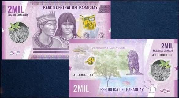 Nuevo billete de 2.000 guaraníes de Paraguay 2026 en polímero: anverso con una pareja de los pueblos originarios y reverso con el jaguareté de la Ecorregión Chaco Húmedo