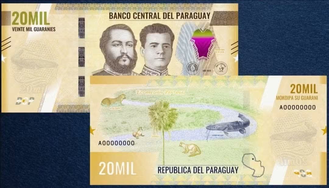 Nuevo billete de 20.000 guaraníes de Paraguay 2026: anverso con Francisco Solano López y José Félix Estigarribia, reverso con el surubí de la Ecorregión Pantanal