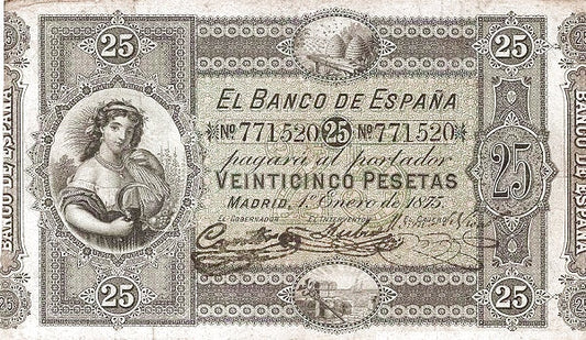 Billete 25 Pesetas 1875 Pick-6 Banco de España – Compro al Mejor Precio 2025: Tasación Gratis