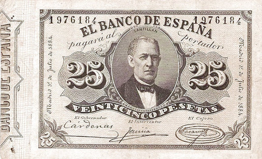 Billete antiguo 25 pesetas 1884 Ramón de Santillán. Pick 29. | Valor y venta