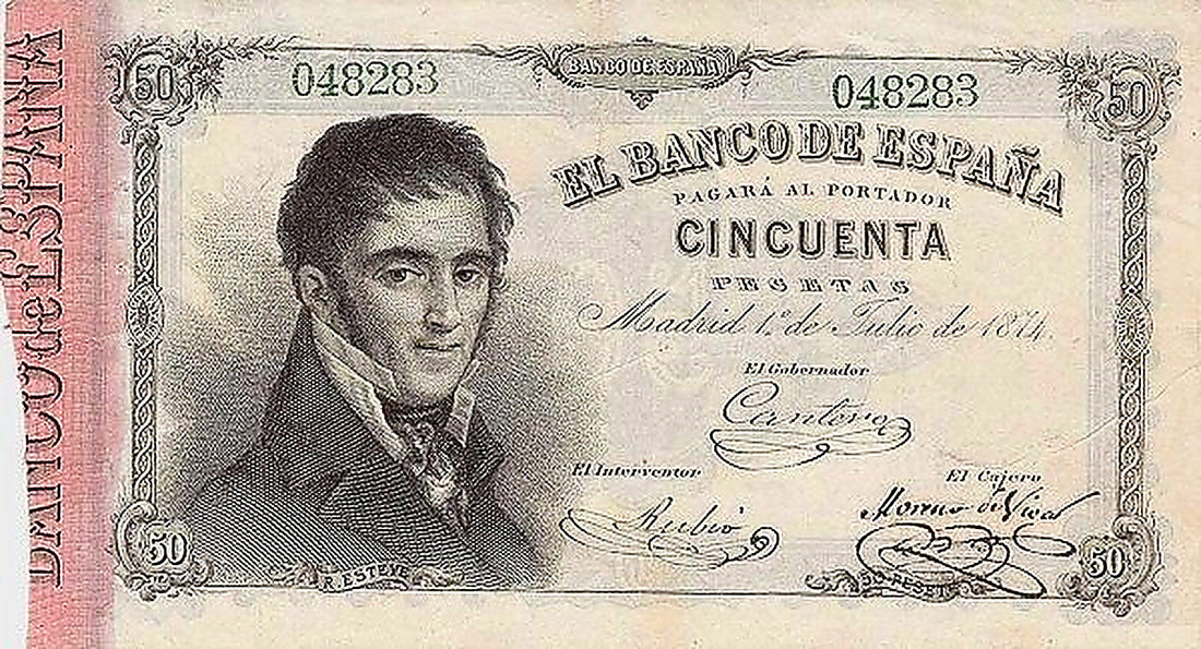 Anverso del billete de 50 pesetas del Banco de España del 1 de julio de 1874, Rafael Esteve