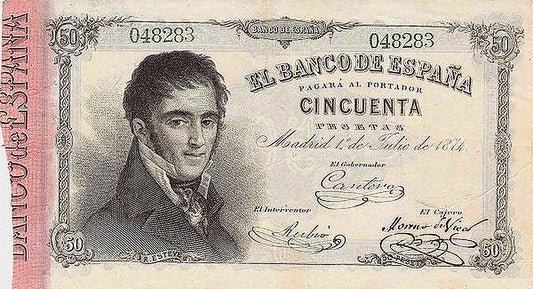 Anverso del billete de 50 pesetas del Banco de España del 1 de julio de 1874, Rafael Esteve