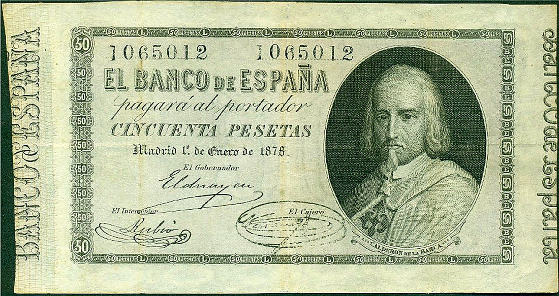 Anverso del billete de 50 pesetas del Banco de España del 1 de enero de 1878, Calderón de la Barca