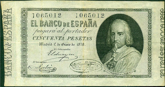 Anverso del billete de 50 pesetas del Banco de España del 1 de enero de 1878, Calderón de la Barca