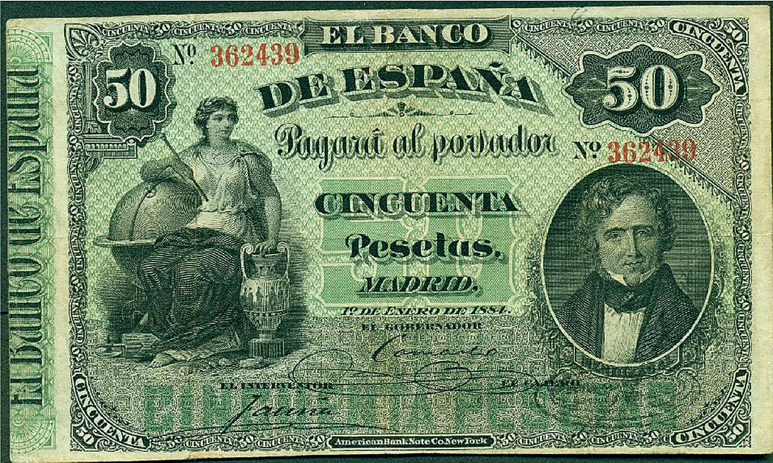 Anverso del billete de 50 pesetas del Banco de España del 1 de enero de 1884, Mendizábal