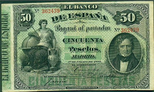 Anverso del billete de 50 pesetas del Banco de España del 1 de enero de 1884, Mendizábal