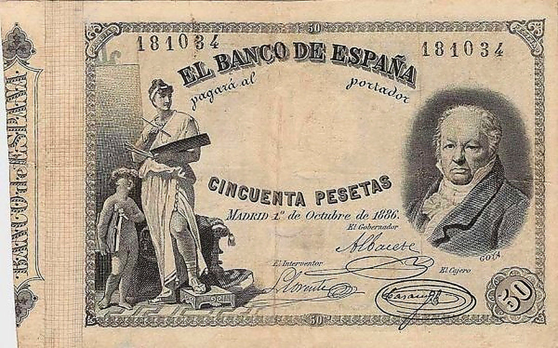 Anverso del billete de 50 pesetas del Banco de España del 1 de octubre de 1886, Goya