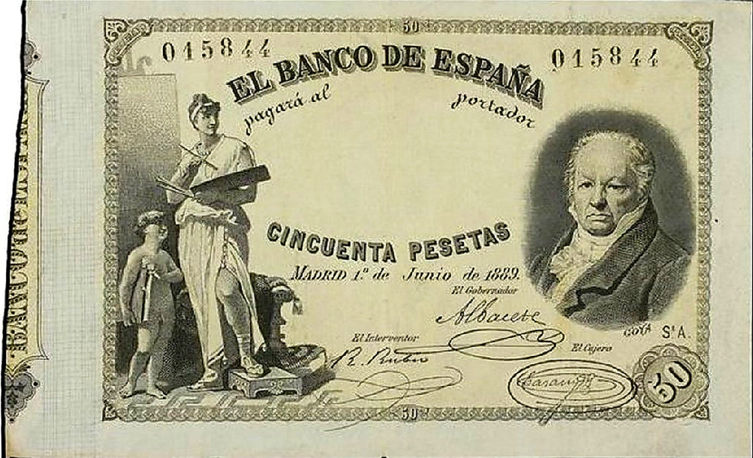 Anverso del billete de 50 pesetas del Banco de España del 1 de junio de 1889, Goya (segunda emisión)