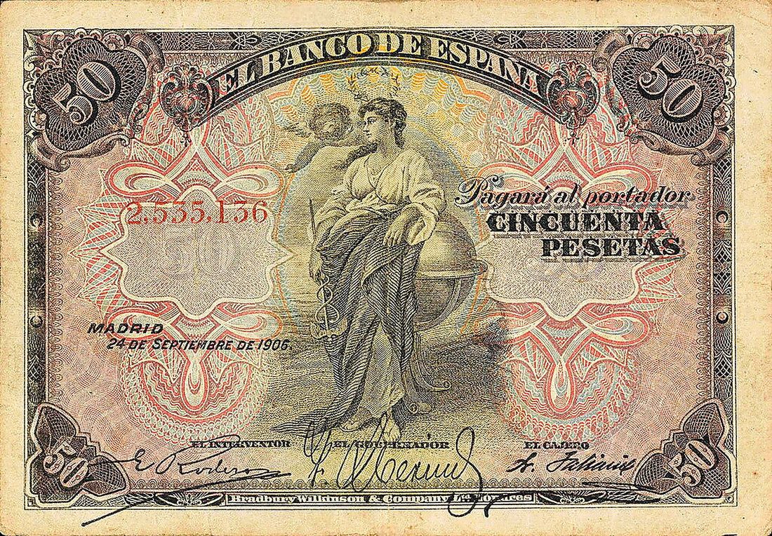 Anverso del billete de 50 pesetas del Banco de España del 24 de septiembre de 1906, la alegoría con el caduceo