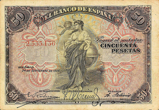 Anverso del billete de 50 pesetas del Banco de España del 24 de septiembre de 1906, la alegoría con el caduceo