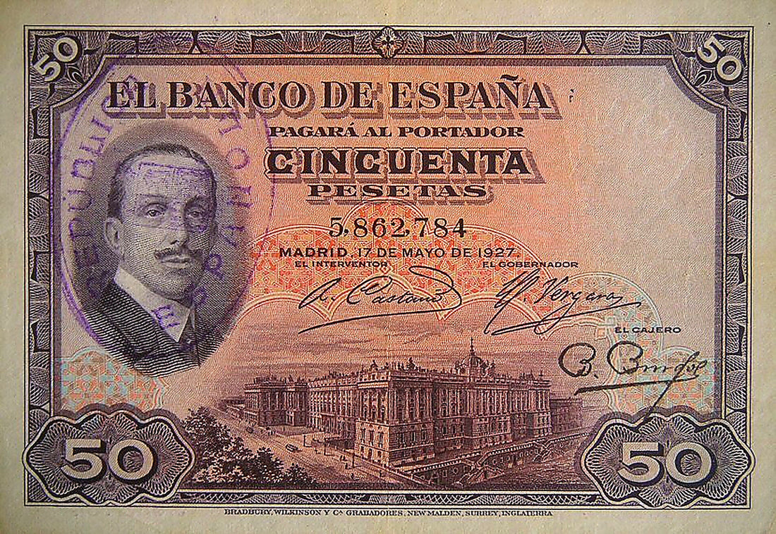 Anverso del billete de 50 pesetas del Banco de España del 17 de mayo de 1927, Alfonso XIII, con el sello de la República sobre el retrato