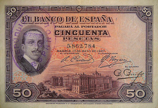 Anverso del billete de 50 pesetas del Banco de España del 17 de mayo de 1927, Alfonso XIII, con el sello de la República sobre el retrato