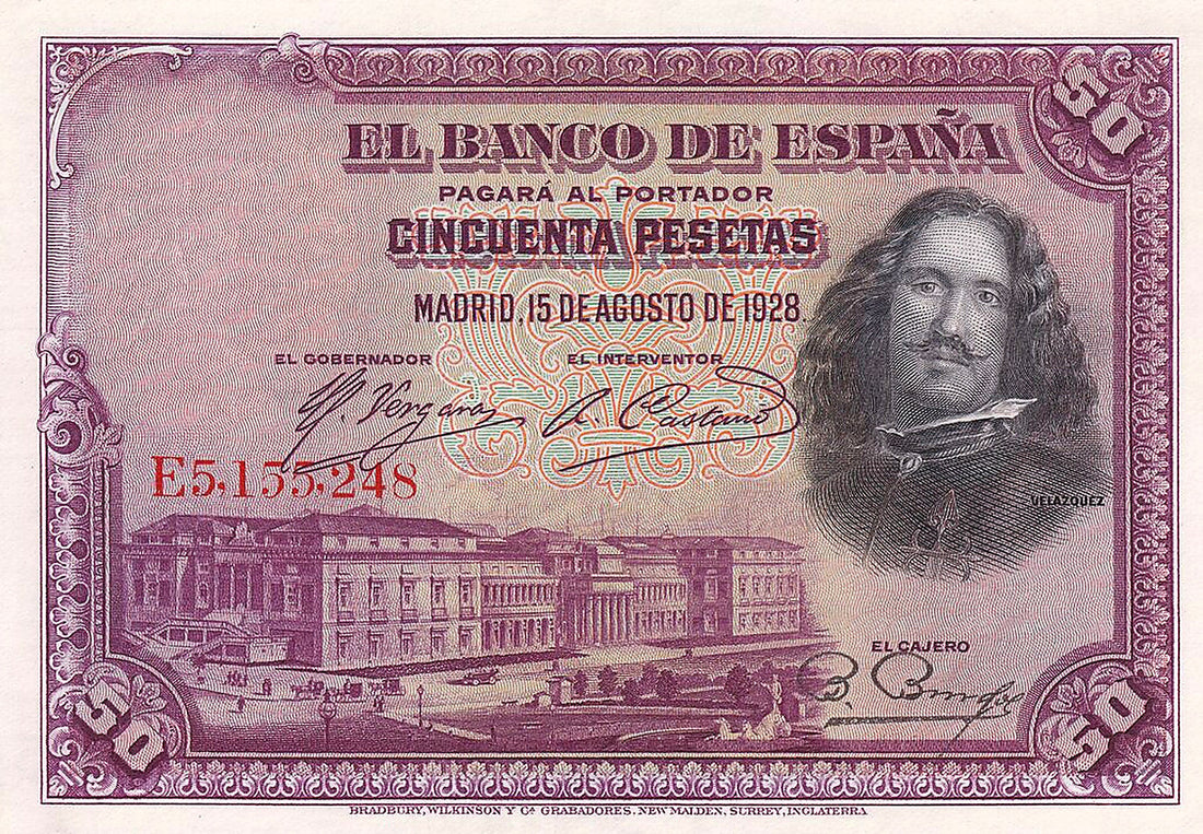 Anverso del billete de 50 pesetas del Banco de España del 15 de agosto de 1928, Velázquez y el Museo del Prado