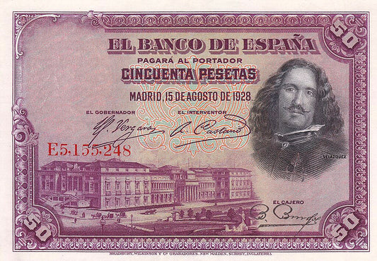 Anverso del billete de 50 pesetas del Banco de España del 15 de agosto de 1928, Velázquez y el Museo del Prado