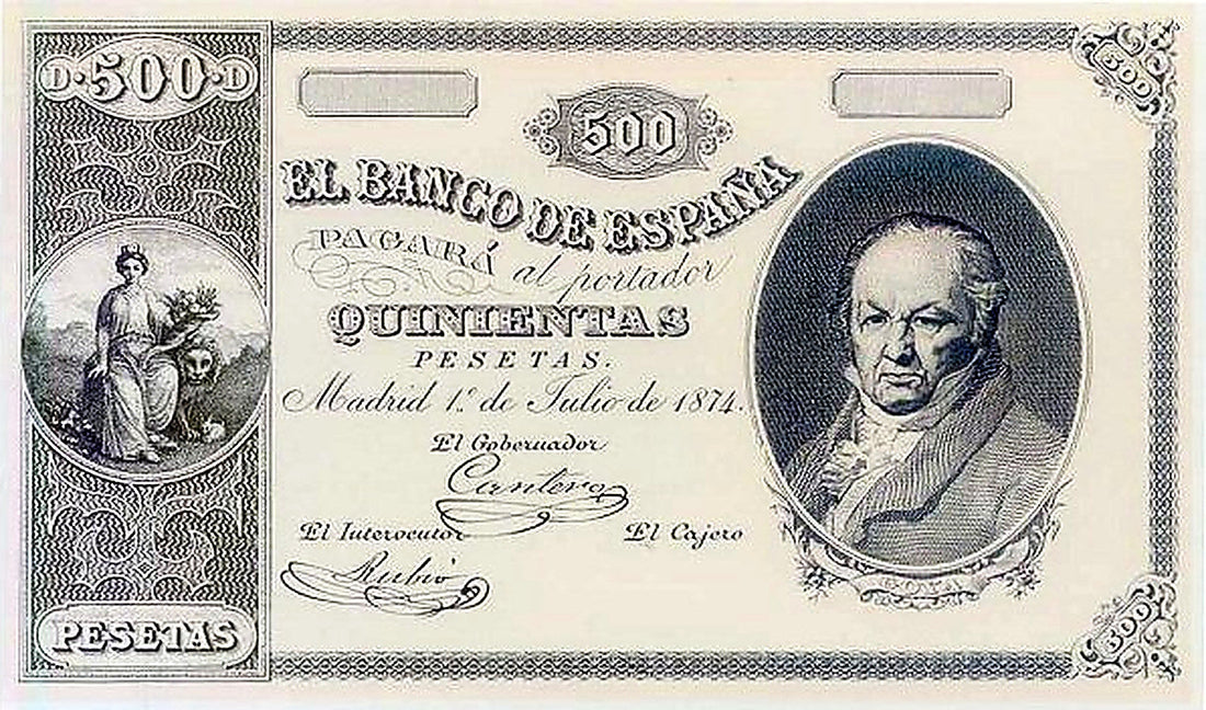 Anverso del billete de 500 pesetas del Banco de España del 1 de julio de 1874, Goya