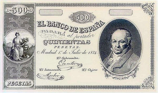 Anverso del billete de 500 pesetas del Banco de España del 1 de julio de 1874, Goya