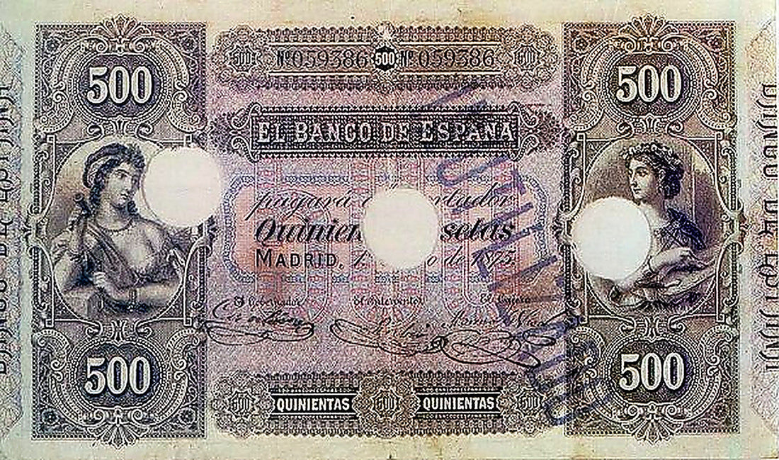 Anverso del billete de 500 pesetas del Banco de España de 1875, las alegorías femeninas